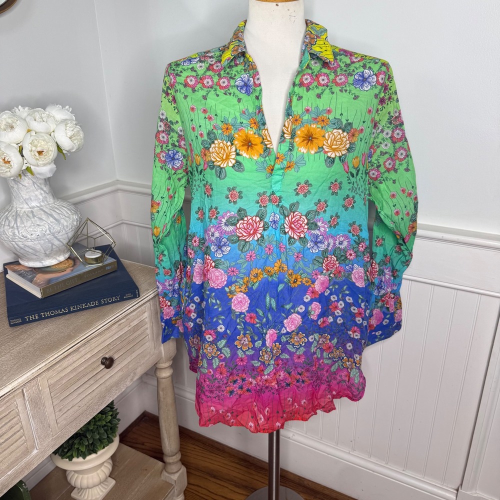 Johnny Was Floral Ombre Cotton Tunic Top Green Blue Pink Pockets